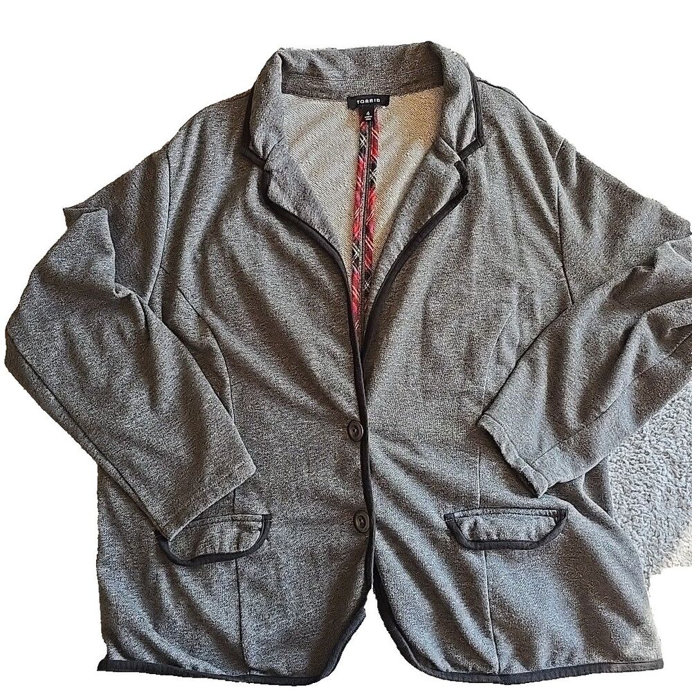 Torrid 4X Soft Knit Blazer Jacket Cardigan Gray 2 Buttons Black Trim Plus Sz 26